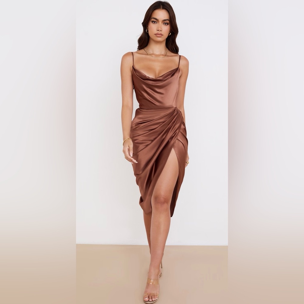 House of CB dress Reva Satin Gathered Corset Dress in Toffee